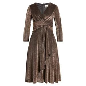 ELIZA J Metallic Long Sleeve Faux Wrap Cocktail Dress in Brown Size 8 NWOT